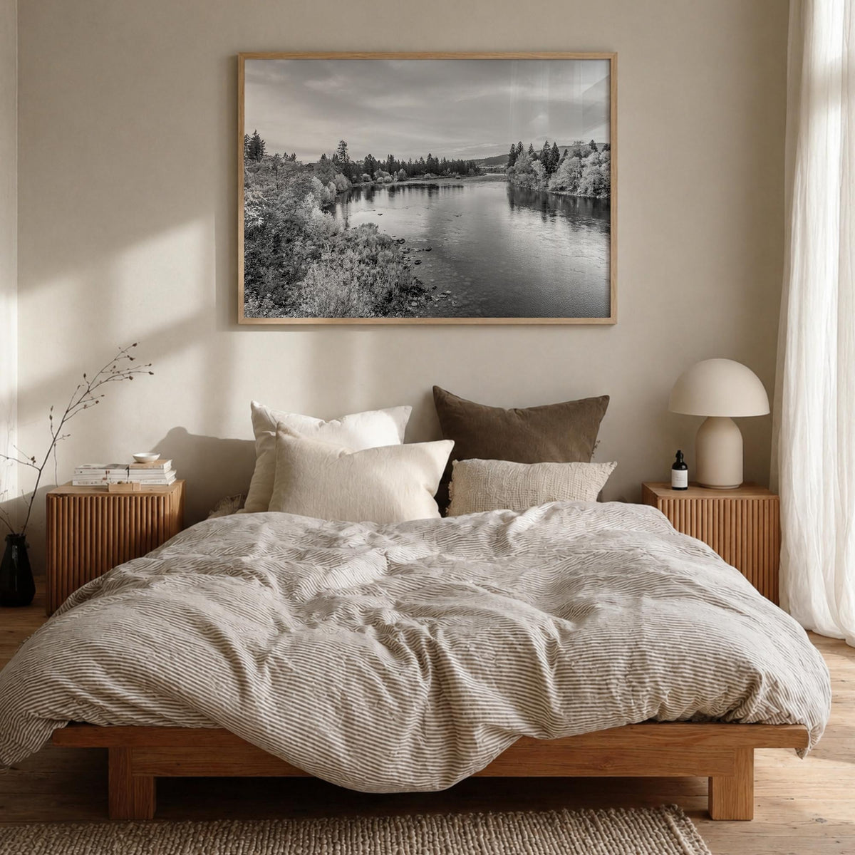 Spokane black & white photo poster of Washington, USA – horizontal wall art in natural wood frame, hanging on wall