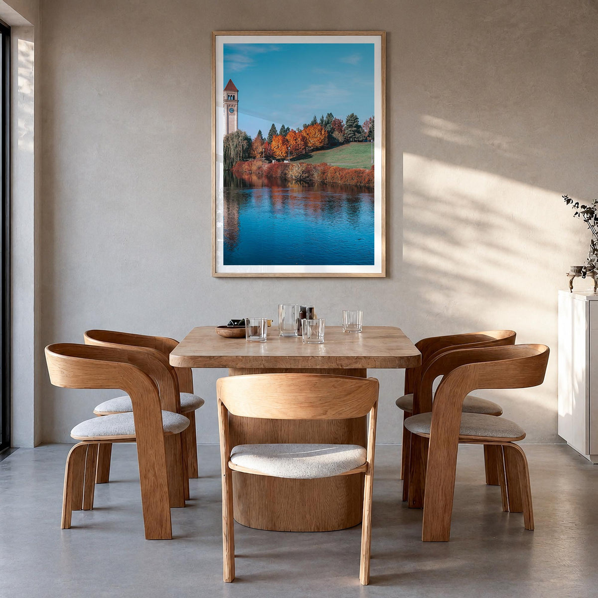 Spokane colorful photo poster of Washington, USA – vertical wall art in natural wood frame with white border, hanging on wall