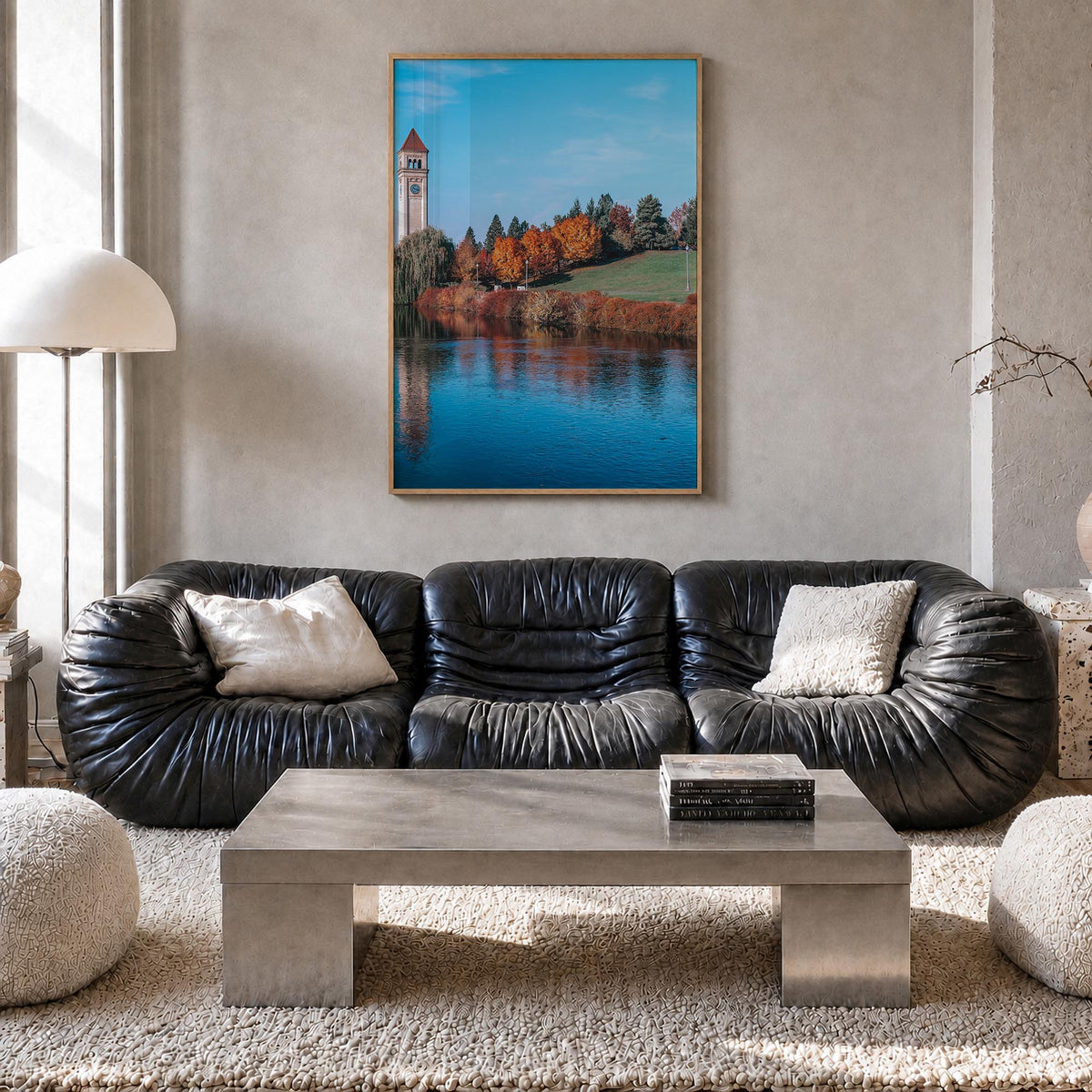 Spokane colorful photo poster of Washington, USA – vertical wall art in natural wood frame, hanging on wall