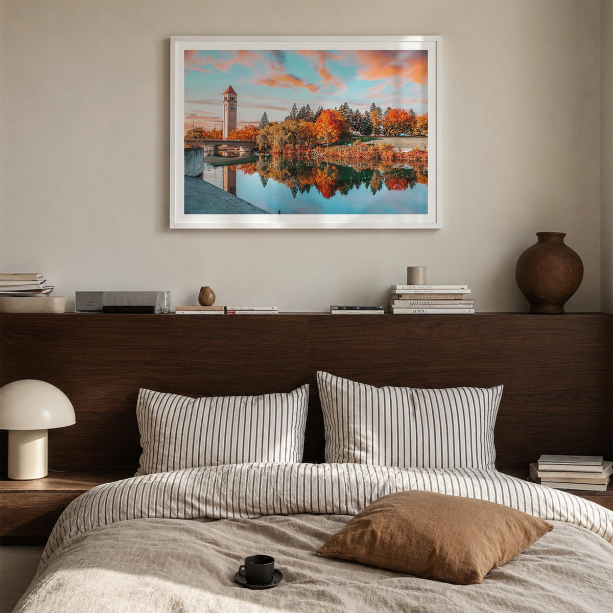 Spokane colorful photo poster of Washington, USA – horizontal wall art in white wood frame with white border, hanging on wall