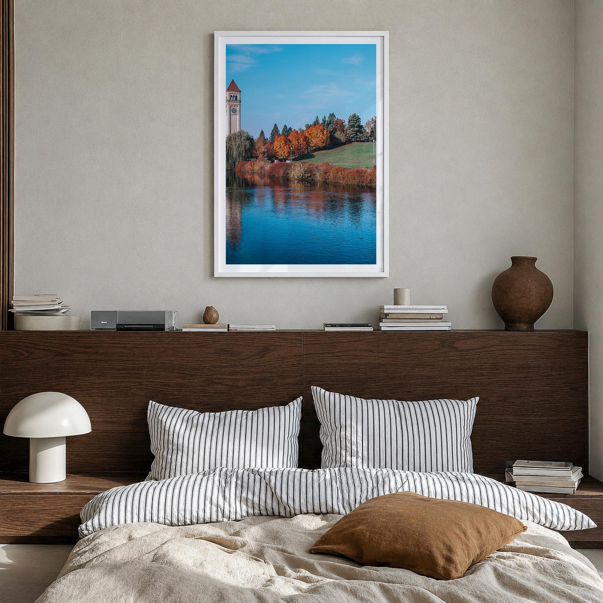 Spokane colorful photo poster of Washington, USA – vertical wall art in white wood frame with white border, hanging on wall