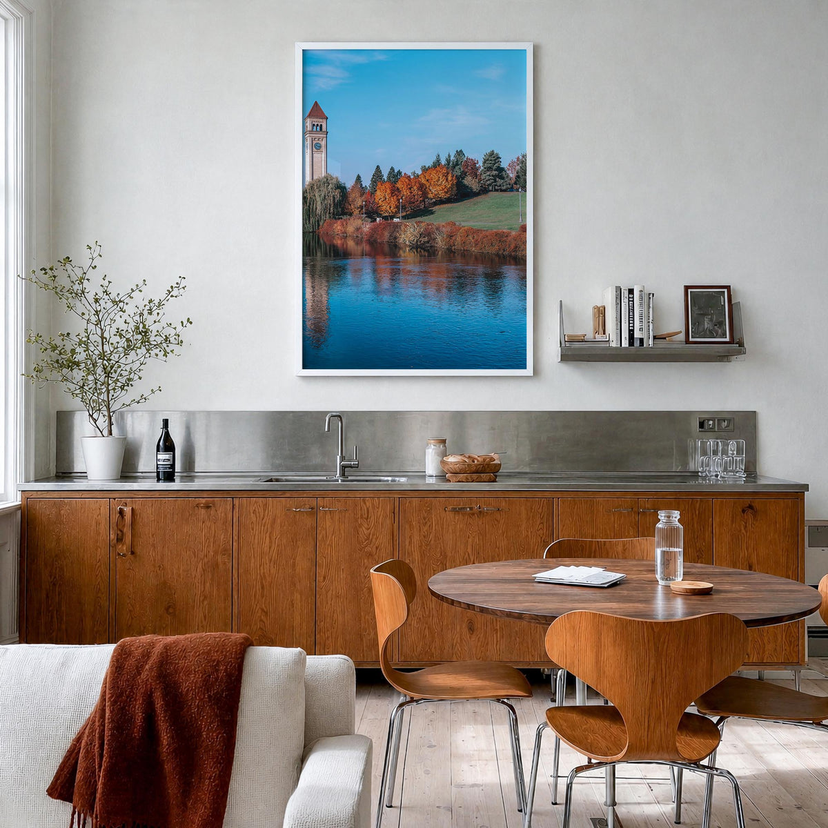 Spokane colorful photo poster of Washington, USA – vertical wall art in white wood frame, hanging on wall
