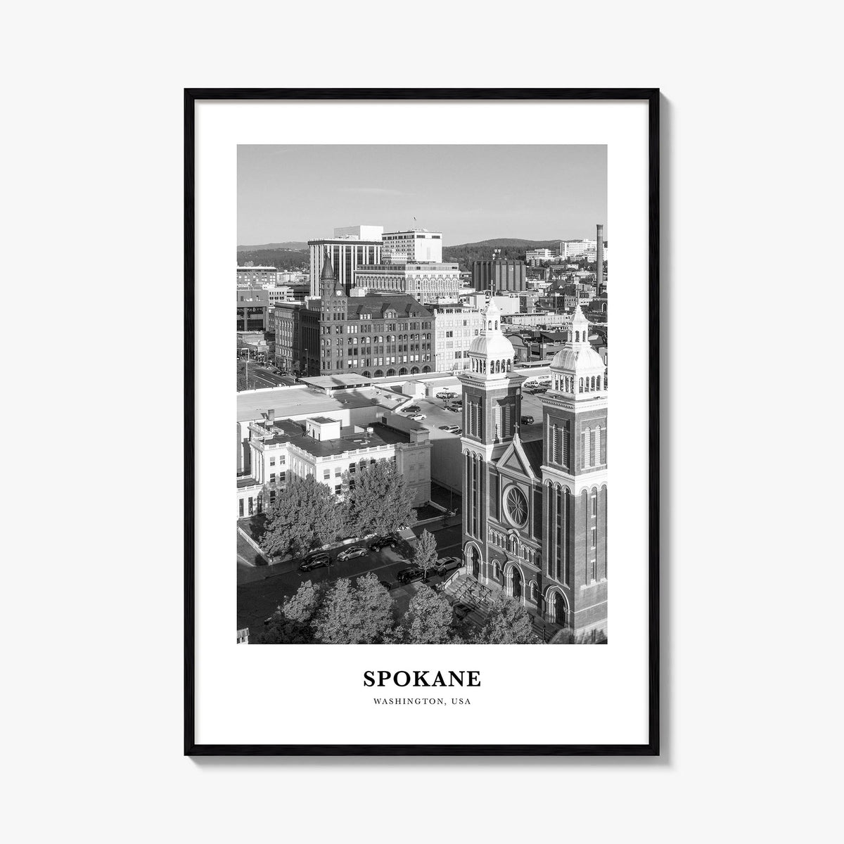 Spokane no. 2 black & white classic poster of Washington, USA – vertical wall art, unframed print shown in interior mockup