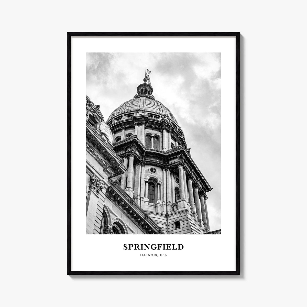Springfield, Illinois black & white classic poster of Illinois, USA – vertical wall art, unframed print shown in interior moc