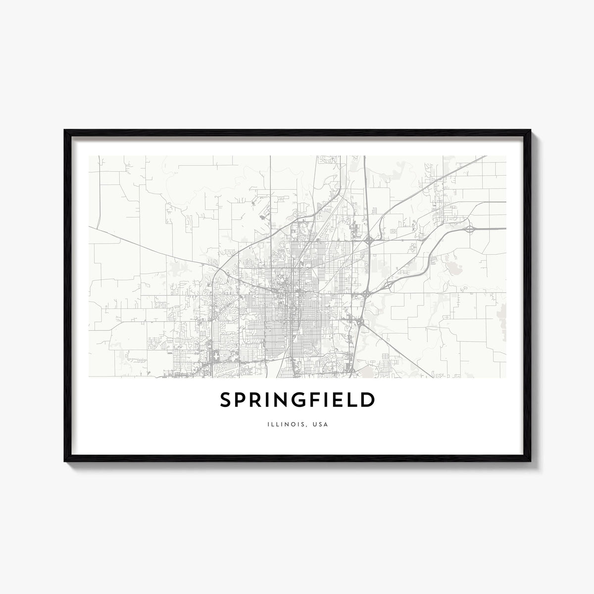 Springfield, Illinois black & white map poster of Illinois, USA – horizontal wall art, unframed print shown in interior mocku
