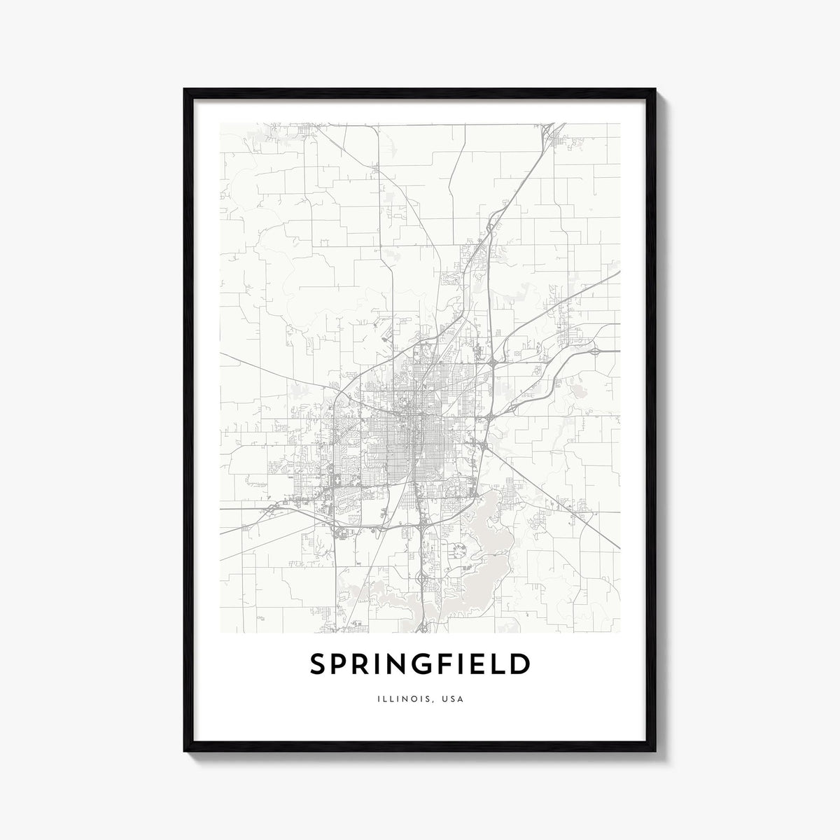 Springfield, Illinois black & white map poster of Illinois, USA – vertical wall art, unframed print shown in interior mockup