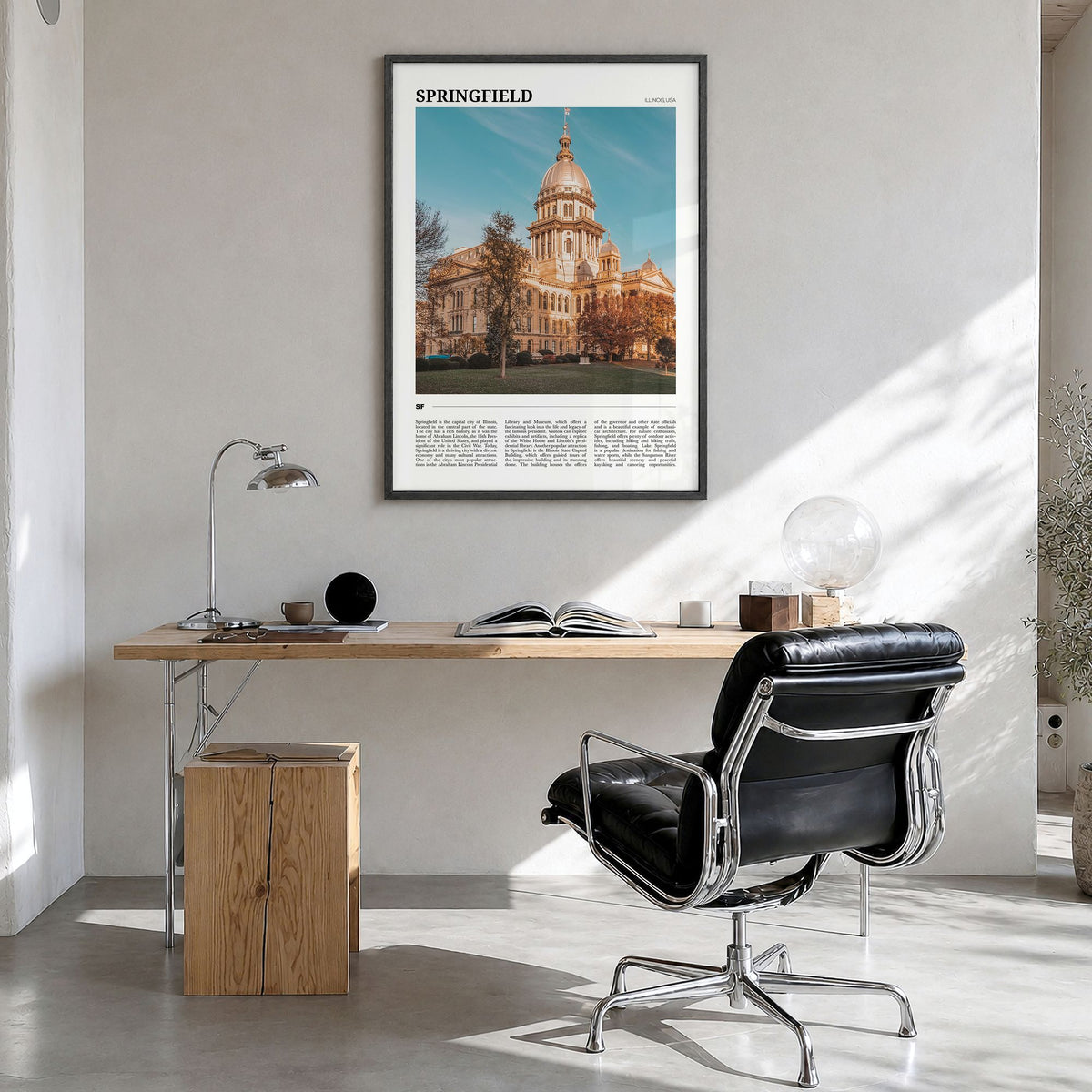 Springfield, Illinois Travel Poster in a black wood frame, hanging in a bright home office