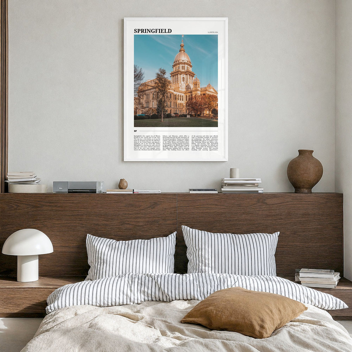 Springfield, Illinois Travel Poster in a white wood frame, hanging in a bedroom