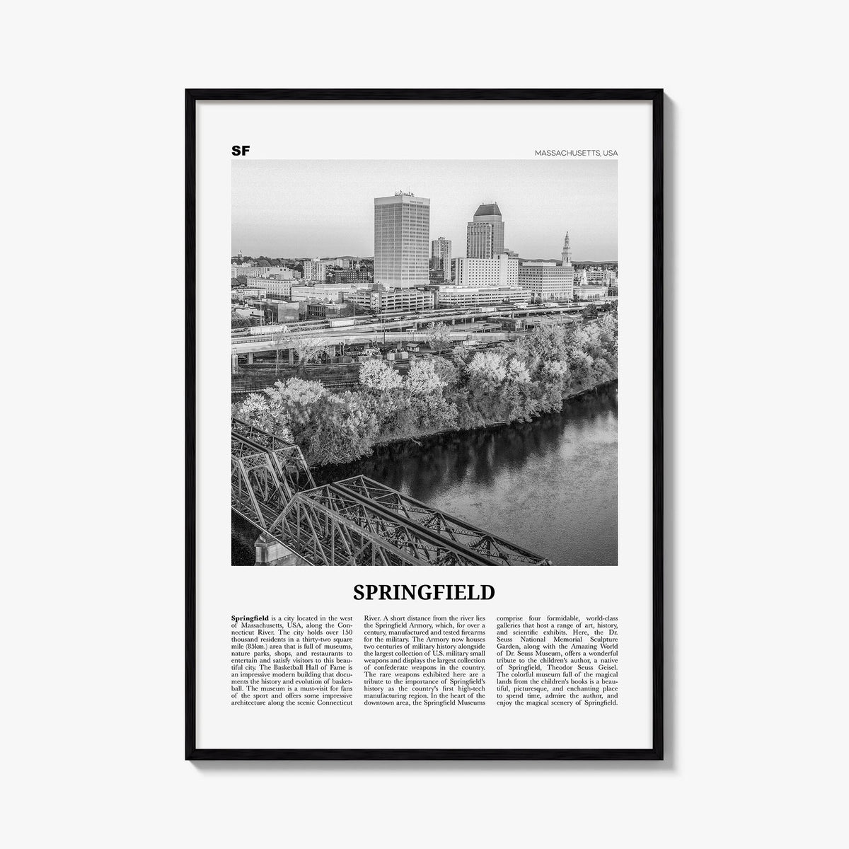 Springfield, Massachusetts black & white newspaper poster of Massachusetts, USA – vertical wall art, unframed print shown in