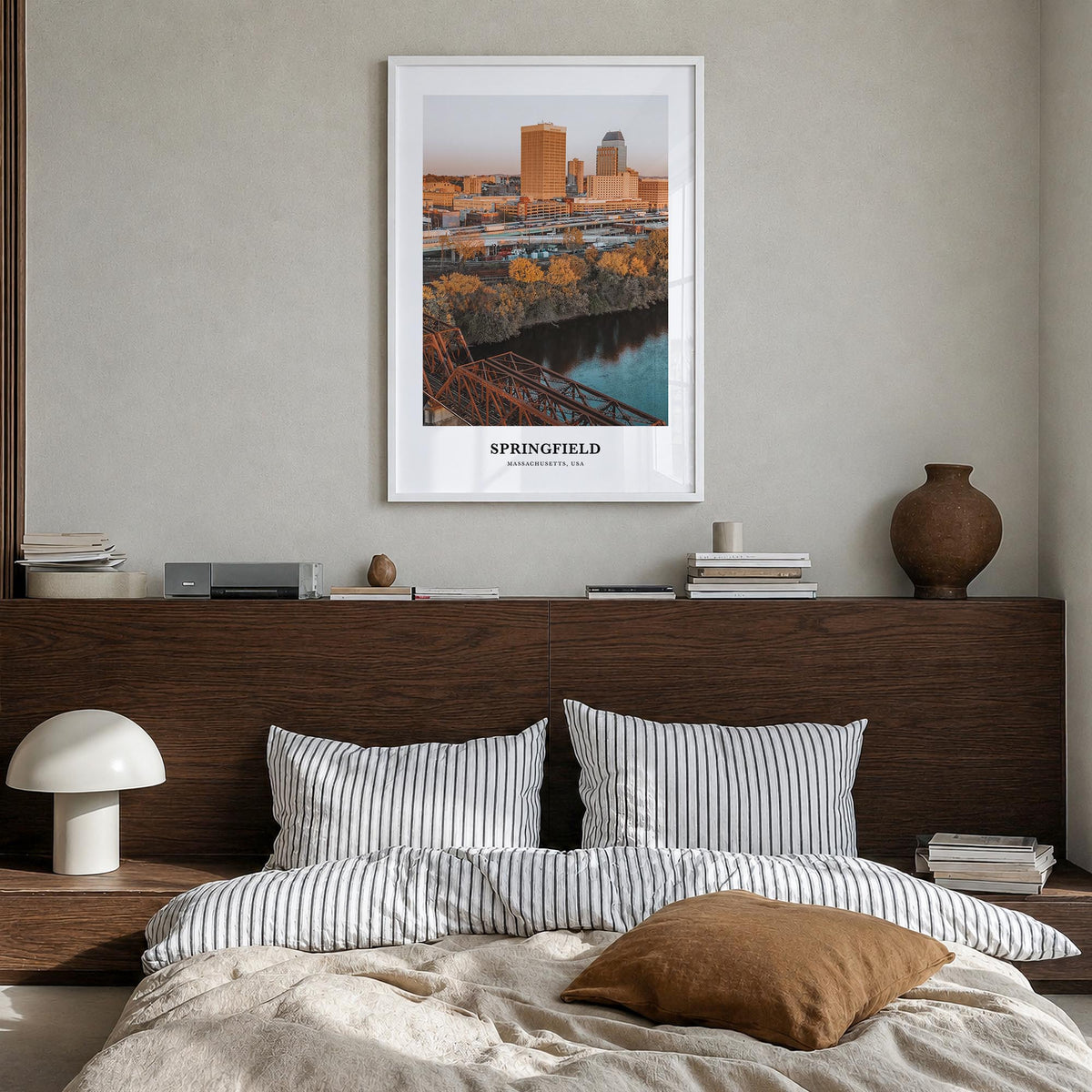 Springfield, Massachusetts colorful classic poster of Massachusetts, USA – vertical wall art in white wood frame, hanging on