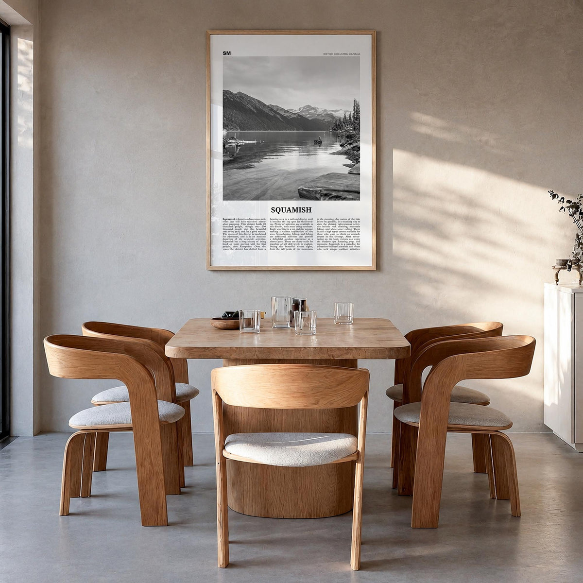 Squamish black & white newspaper poster of British Columbia, Canada – vertical wall art in natural wood frame, hanging on wal