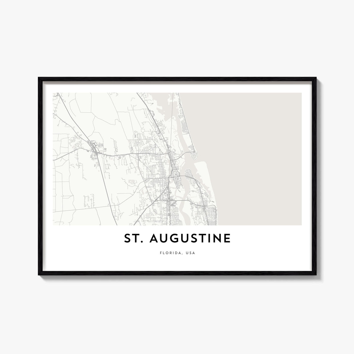 St. Augustine black & white map poster of Florida, USA – horizontal wall art, unframed print shown in interior mockup