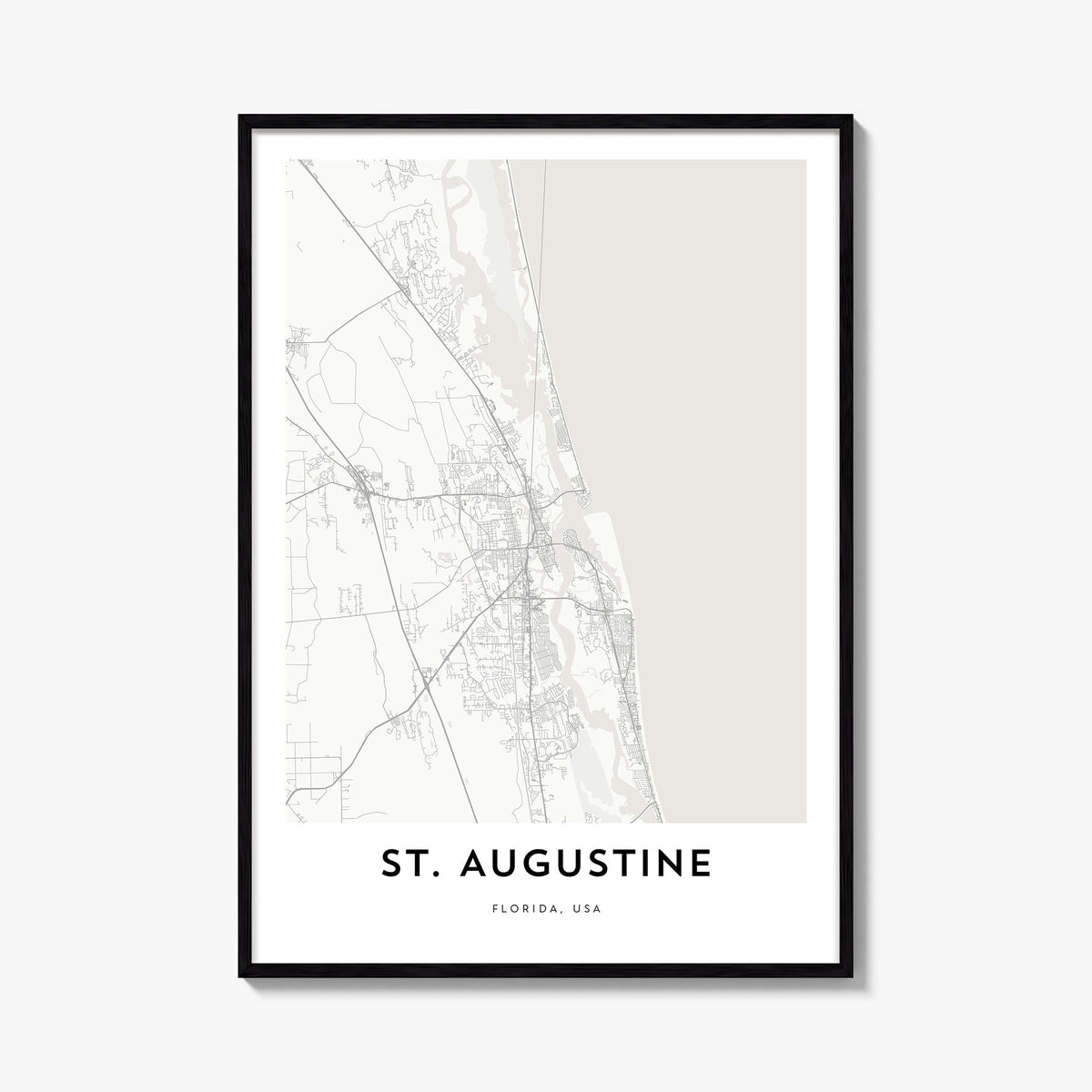 St. Augustine black & white map poster of Florida, USA – vertical wall art, unframed print shown in interior mockup