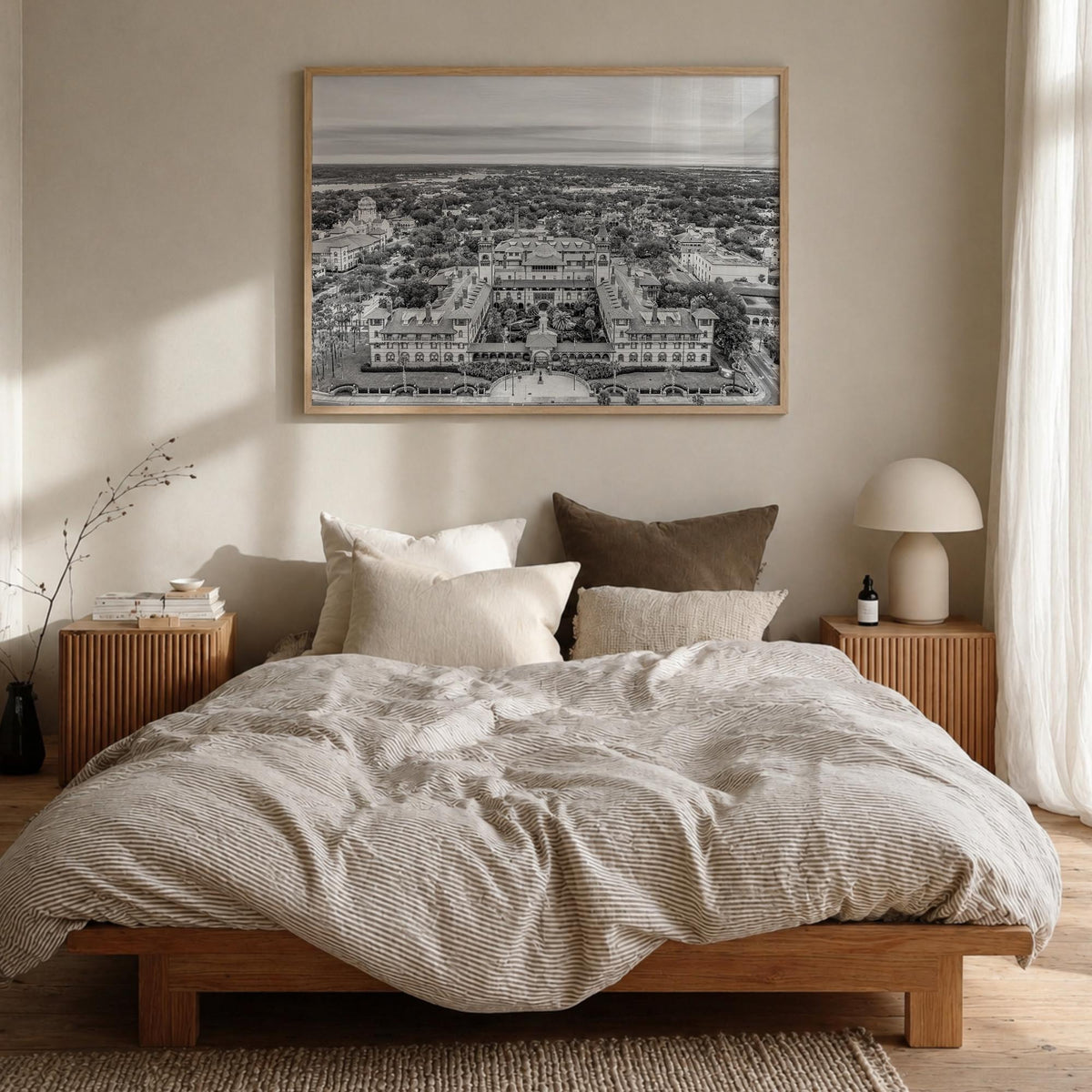 St. Augustine black & white photo poster of Florida, USA – horizontal wall art in natural wood frame, hanging on wall