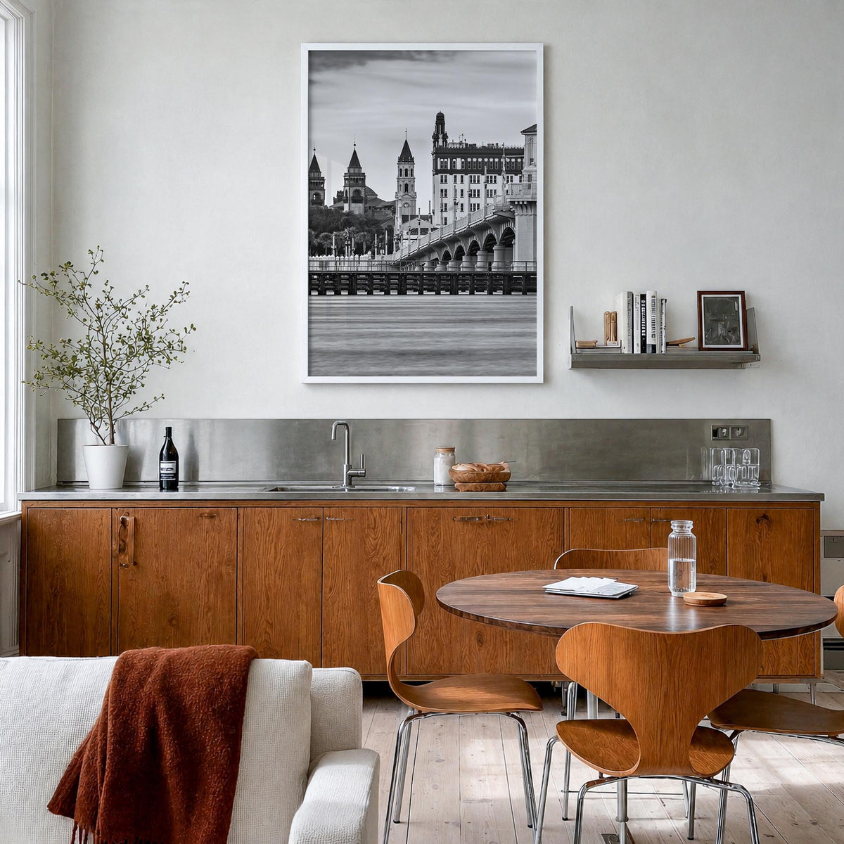 St. Augustine black & white photo poster of Florida, USA – vertical wall art in white wood frame, hanging on wall