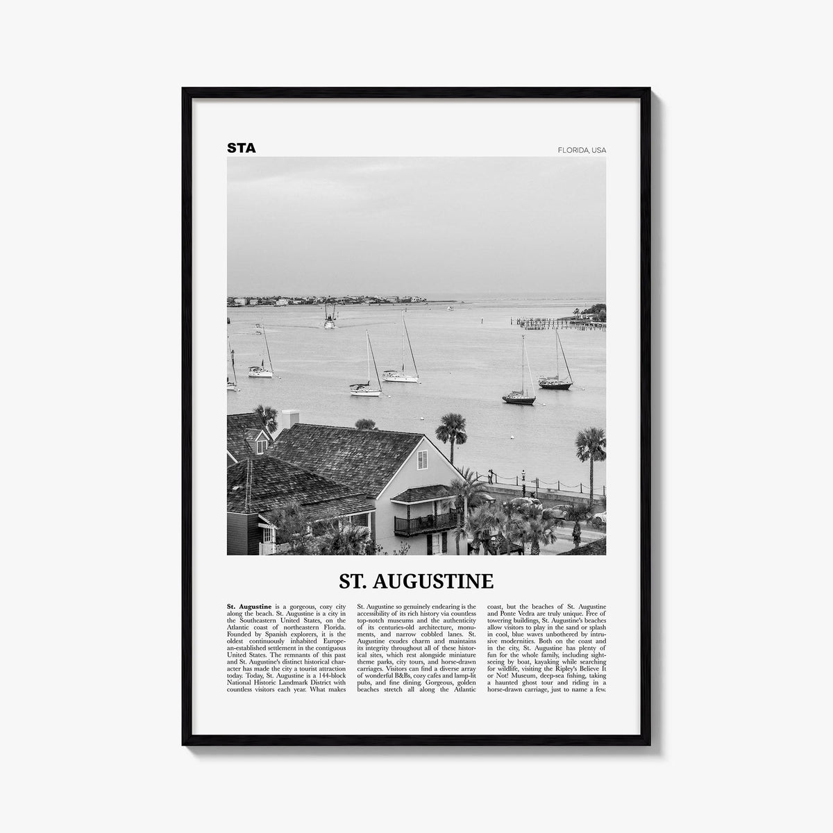St. Augustine no. 1 black & white newspaper poster of Florida, USA – vertical wall art, unframed print shown in interior mock