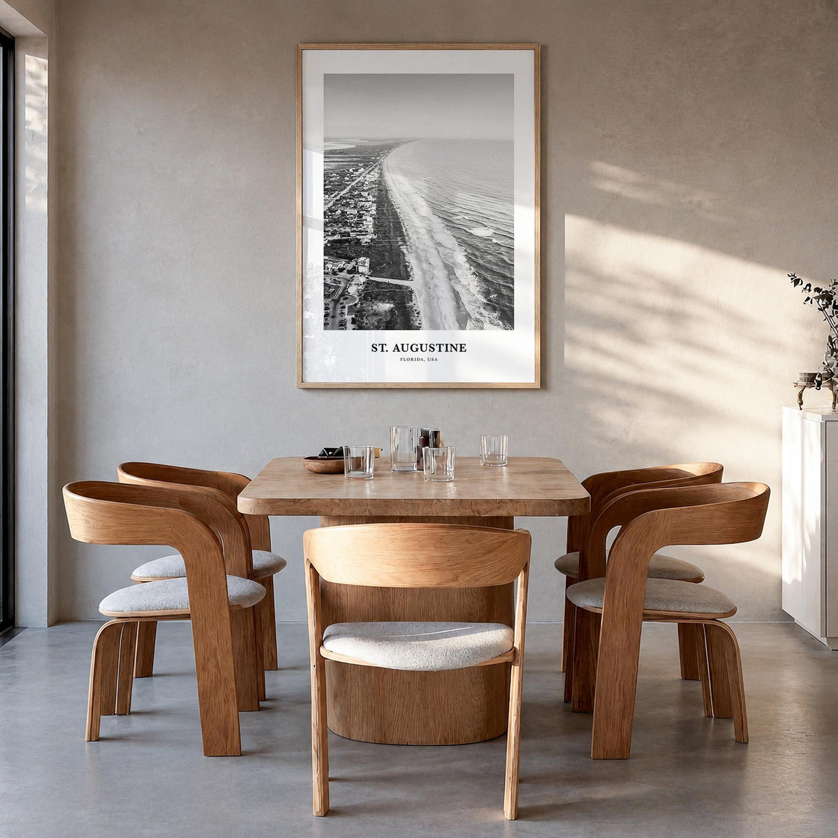 St. Augustine no. 2 black & white classic poster of Florida, USA – vertical wall art in natural wood frame, hanging on wall