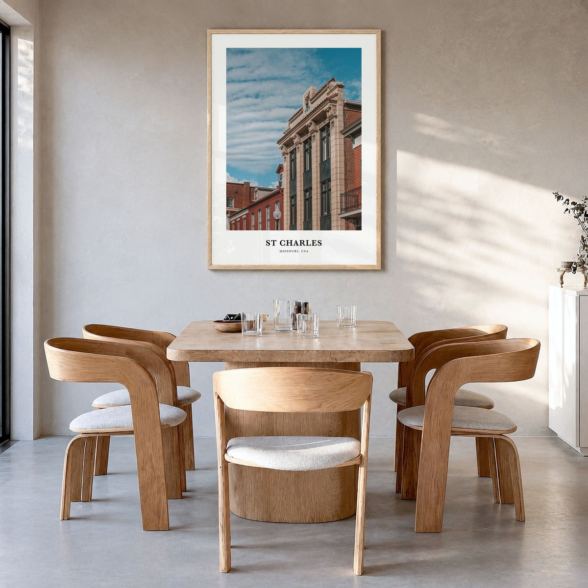 St. Charles, Missouri Classic Poster in a natural wood frame, hanging in a dining room
