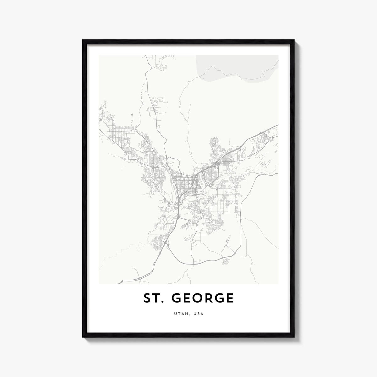 St. George black & white map poster of Utah, USA – vertical wall art, unframed print shown in interior mockup