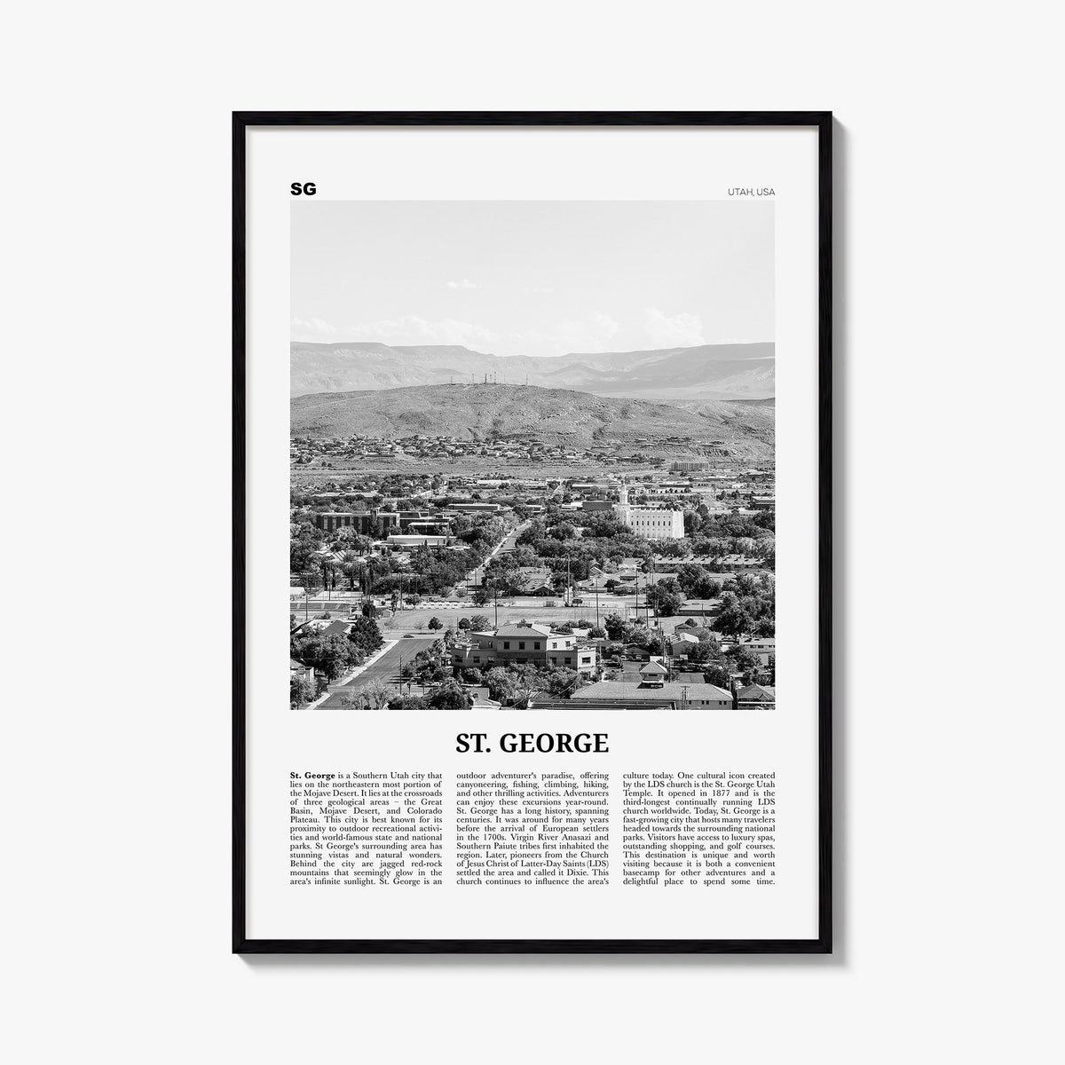 St. George black & white newspaper poster of Utah, USA – vertical wall art, unframed print shown in interior mockup