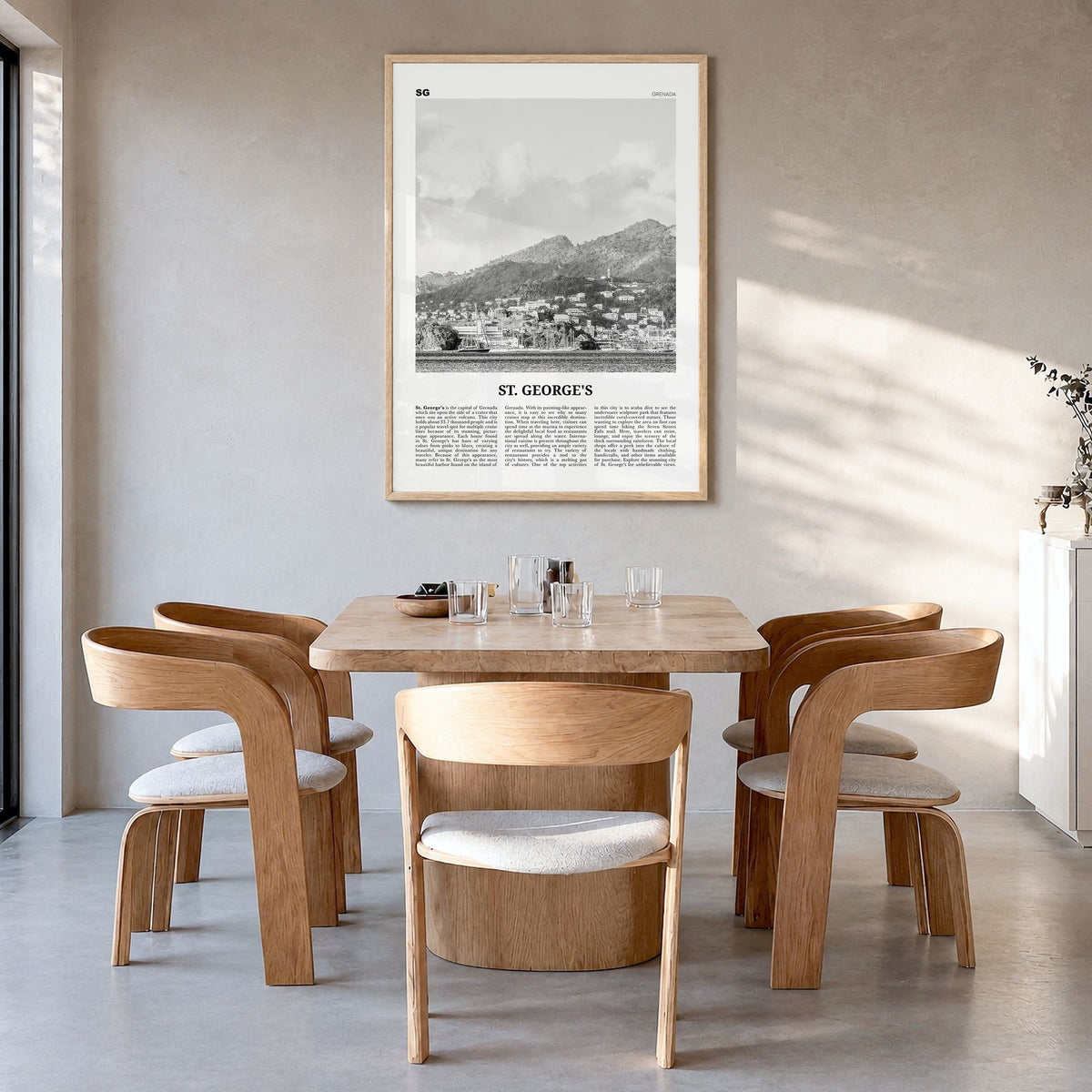 St. George's, Grenada Newspaper Poster in a natural wood frame, hanging in a dining room