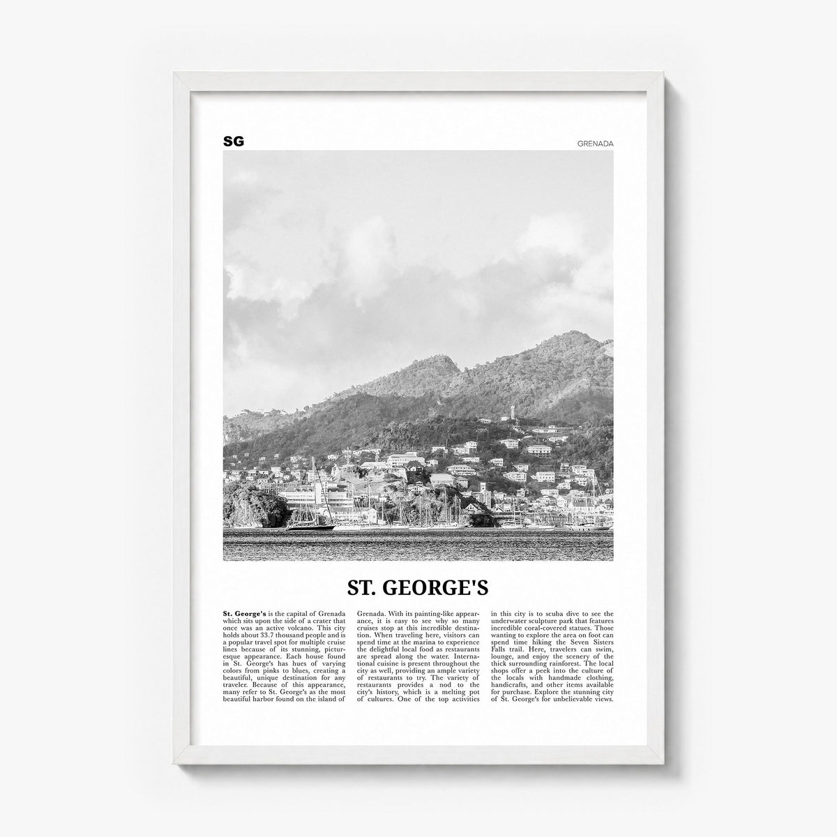 St. George's, Grenada Newspaper Poster in a white wood frame