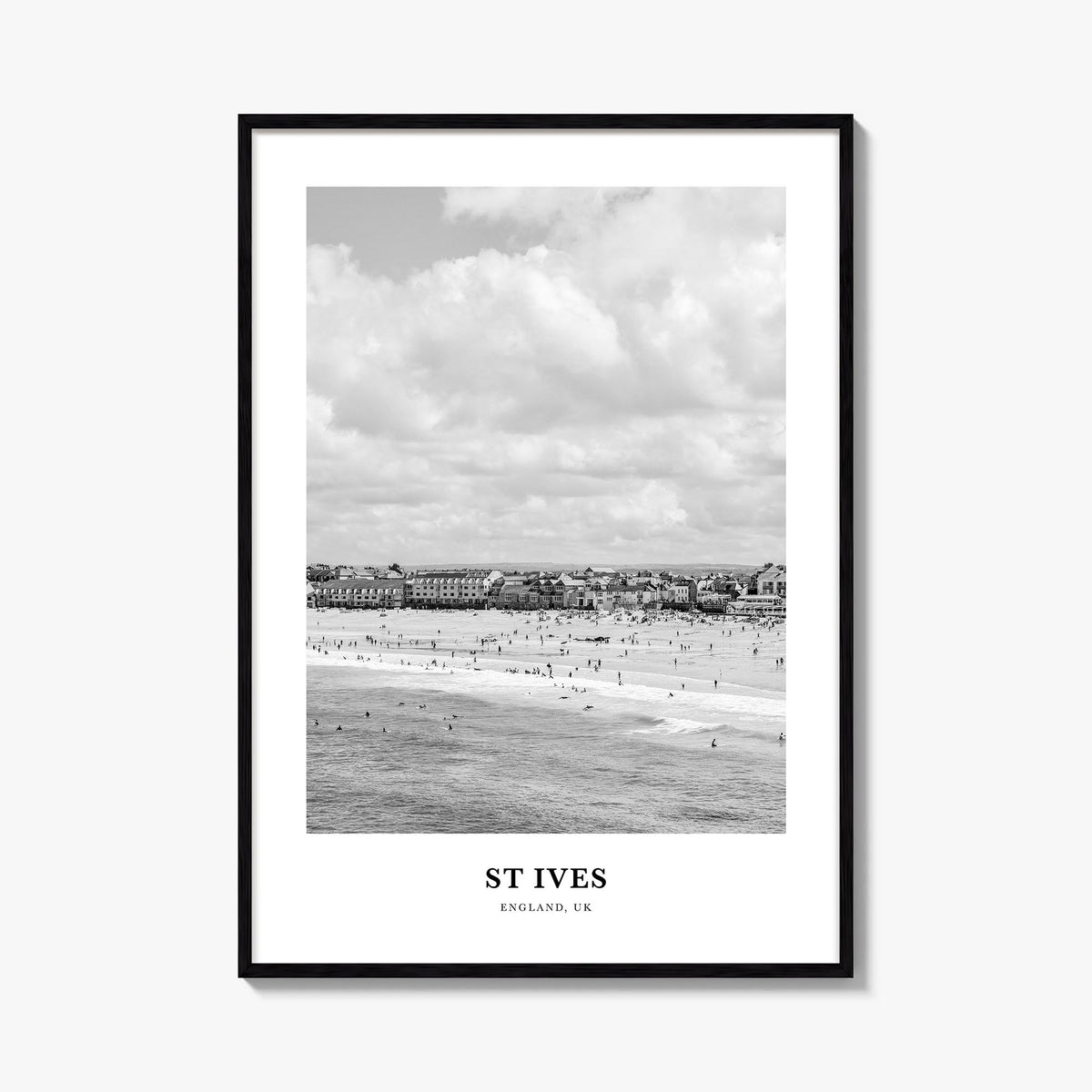 St. Ives black & white classic poster of United Kingdom – vertical wall art, unframed print shown in interior mockup