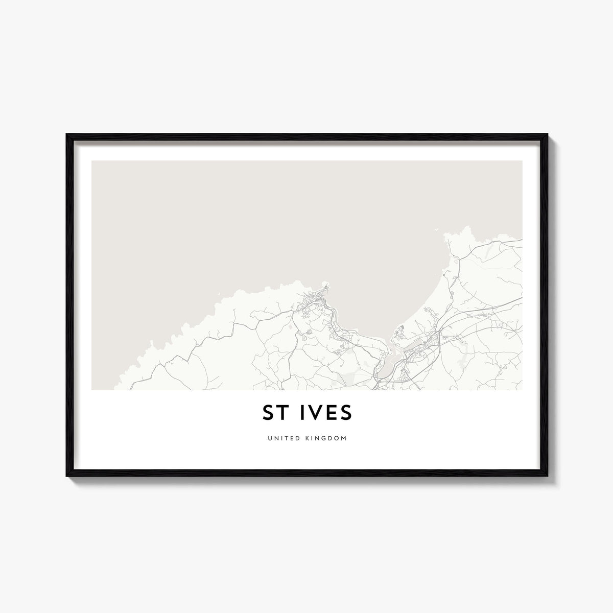 St. Ives black & white map poster of United Kingdom – horizontal wall art, unframed print shown in interior mockup