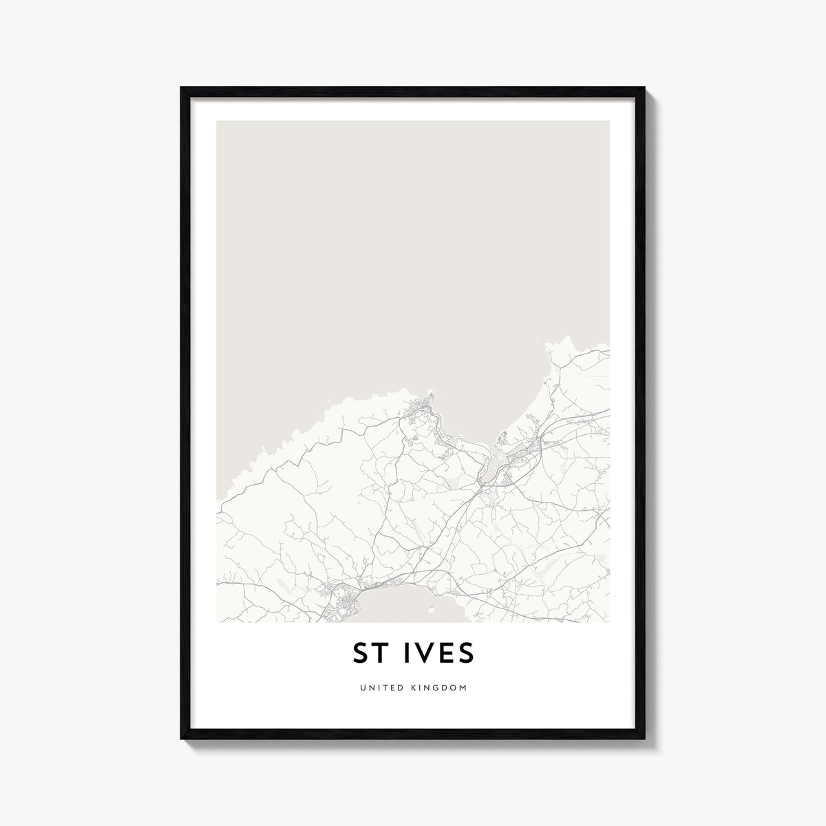 St. Ives black & white map poster of United Kingdom – vertical wall art, unframed print shown in interior mockup