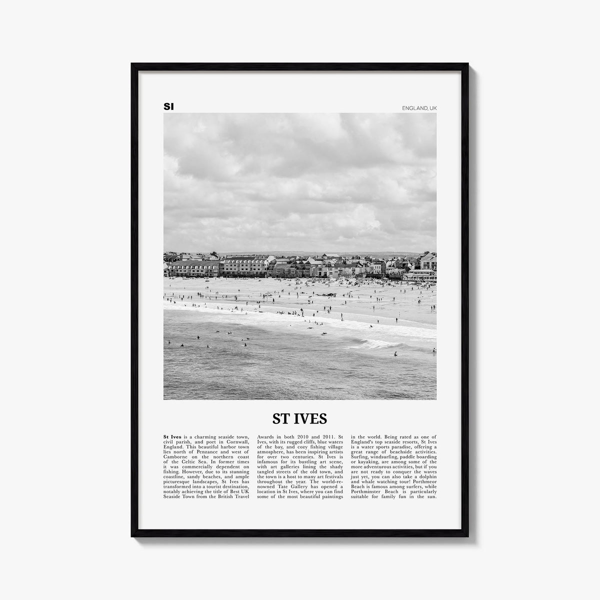 St. Ives black & white newspaper poster of United Kingdom – vertical wall art, unframed print shown in interior mockup