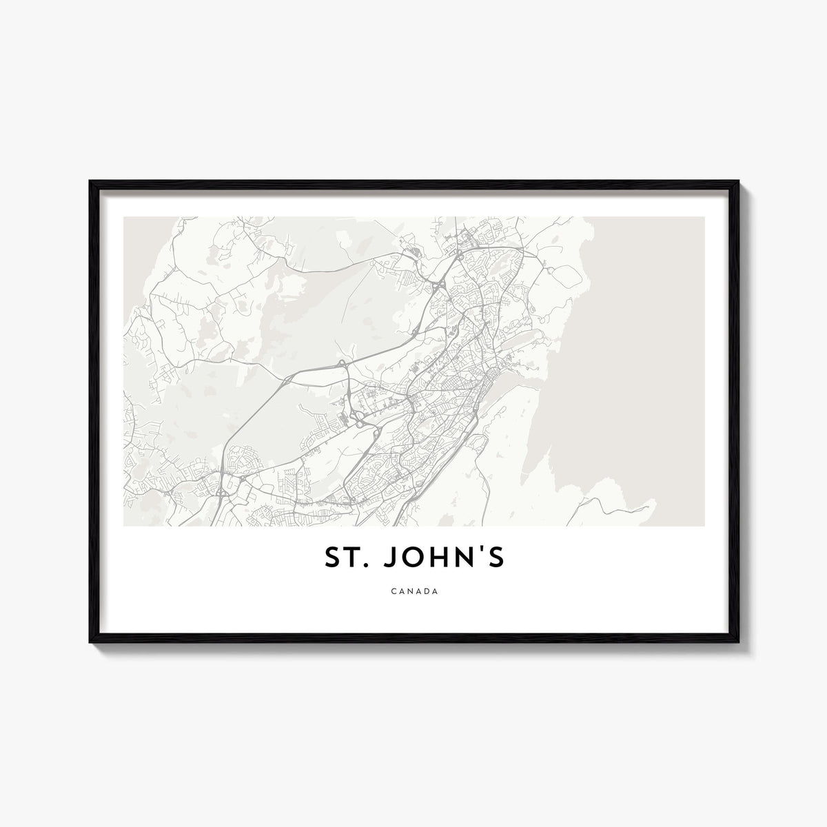 St. John's black & white map poster of Canada – horizontal wall art, unframed print shown in interior mockup