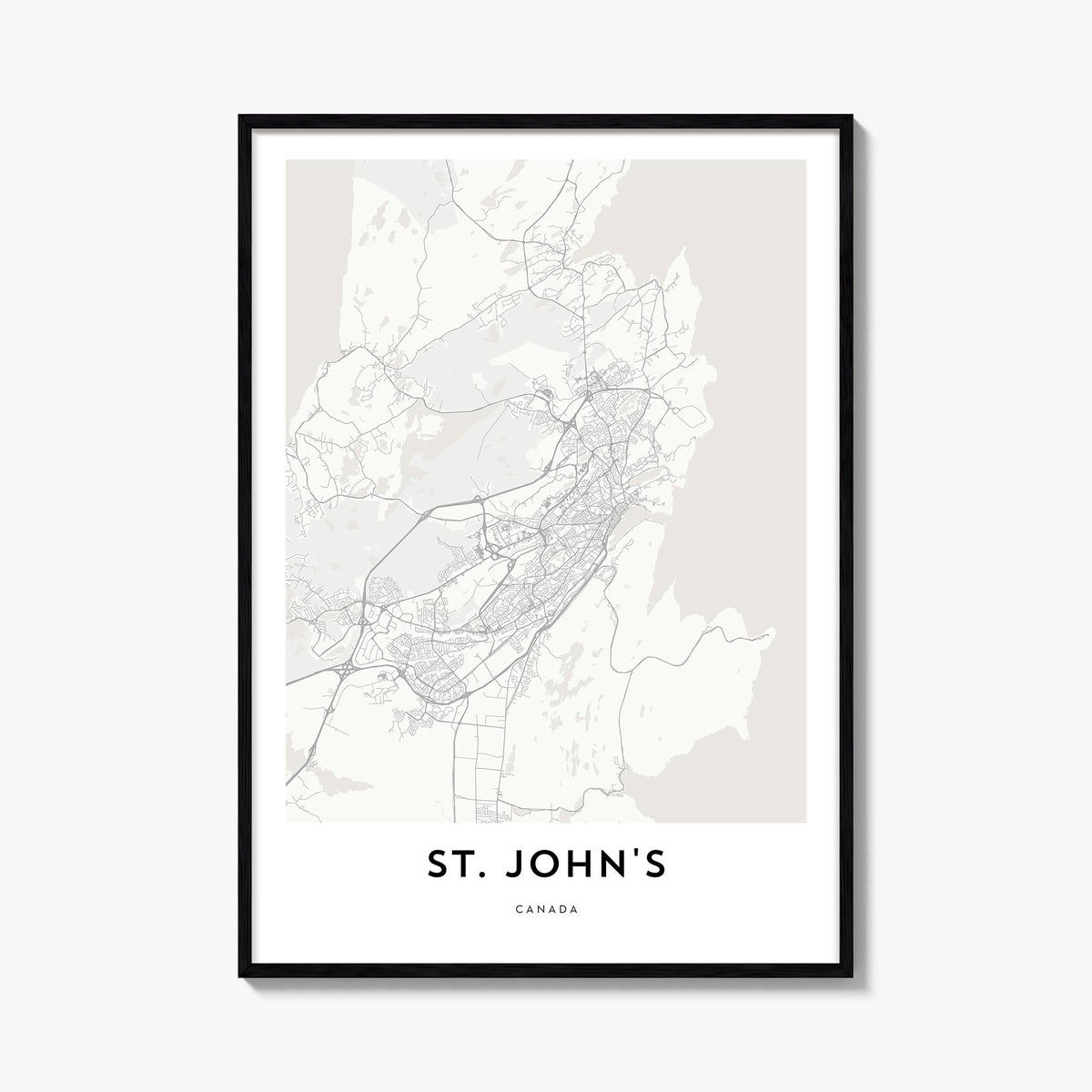 St. John's black & white map poster of Canada – vertical wall art, unframed print shown in interior mockup