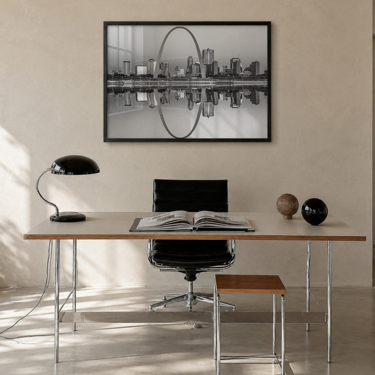 St. Louis black & white photo poster of Missouri, USA – horizontal wall art in black wood frame, hanging on wall