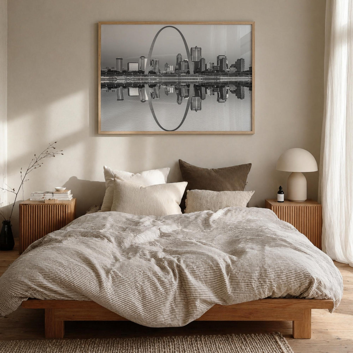 St. Louis black & white photo poster of Missouri, USA – horizontal wall art in natural wood frame, hanging on wall