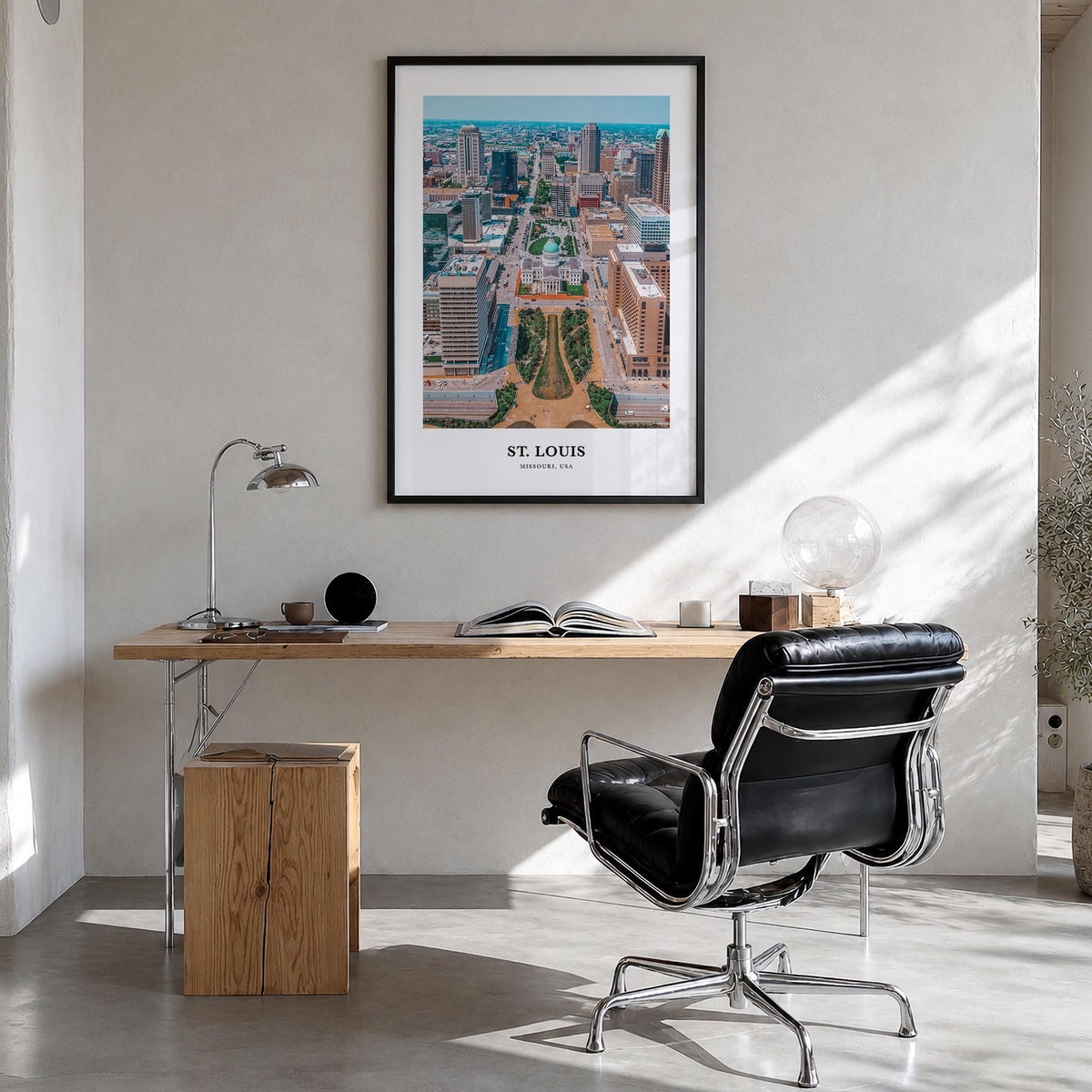 St. Louis colorful classic poster of Missouri, USA – vertical wall art in black wood frame, hanging on wall