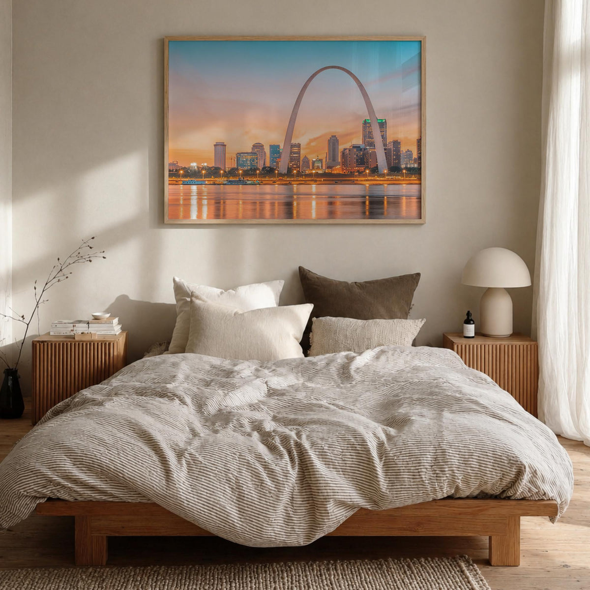 St. Louis colorful photo poster of Missouri, USA – horizontal wall art in natural wood frame, hanging on wall