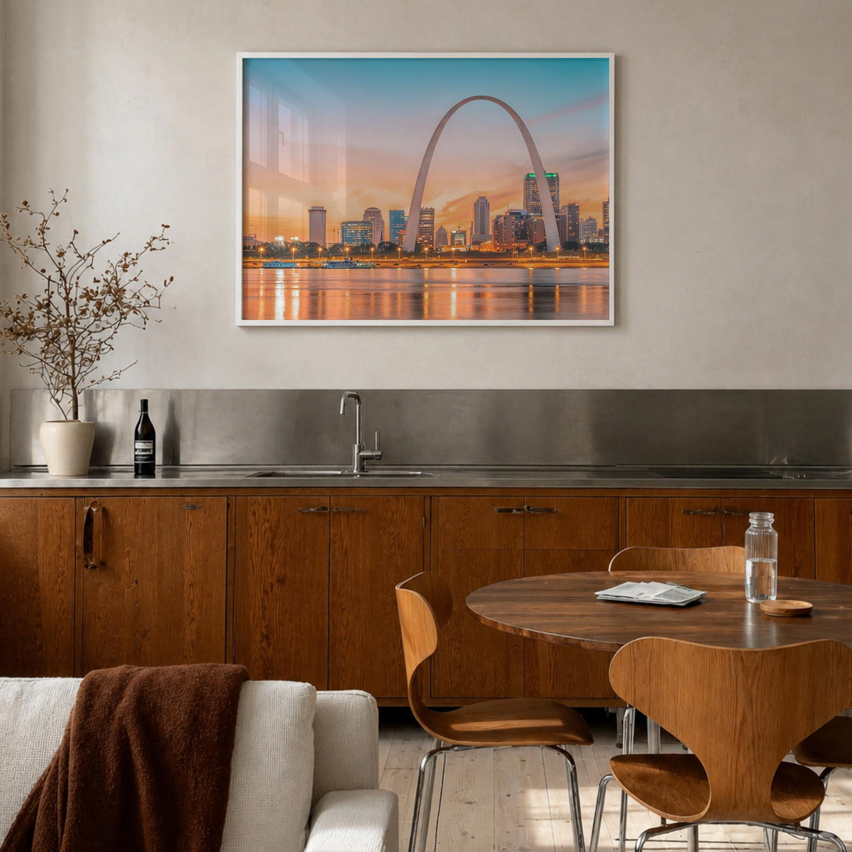 St. Louis colorful photo poster of Missouri, USA – horizontal wall art in white wood frame, hanging on wall