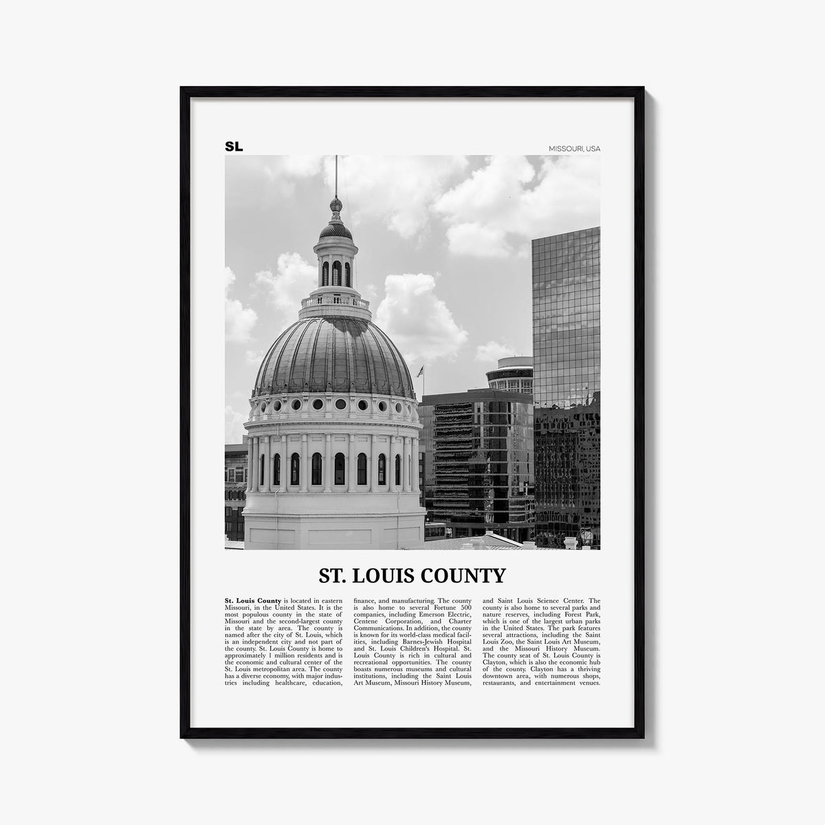 St. Louis County black & white newspaper poster of Missouri, USA – vertical wall art, unframed print shown in interior mockup