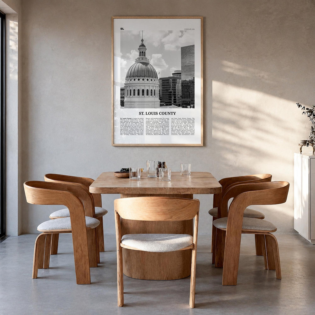 St. Louis County black & white newspaper poster of Missouri, USA – vertical wall art in natural wood frame, hanging on wall