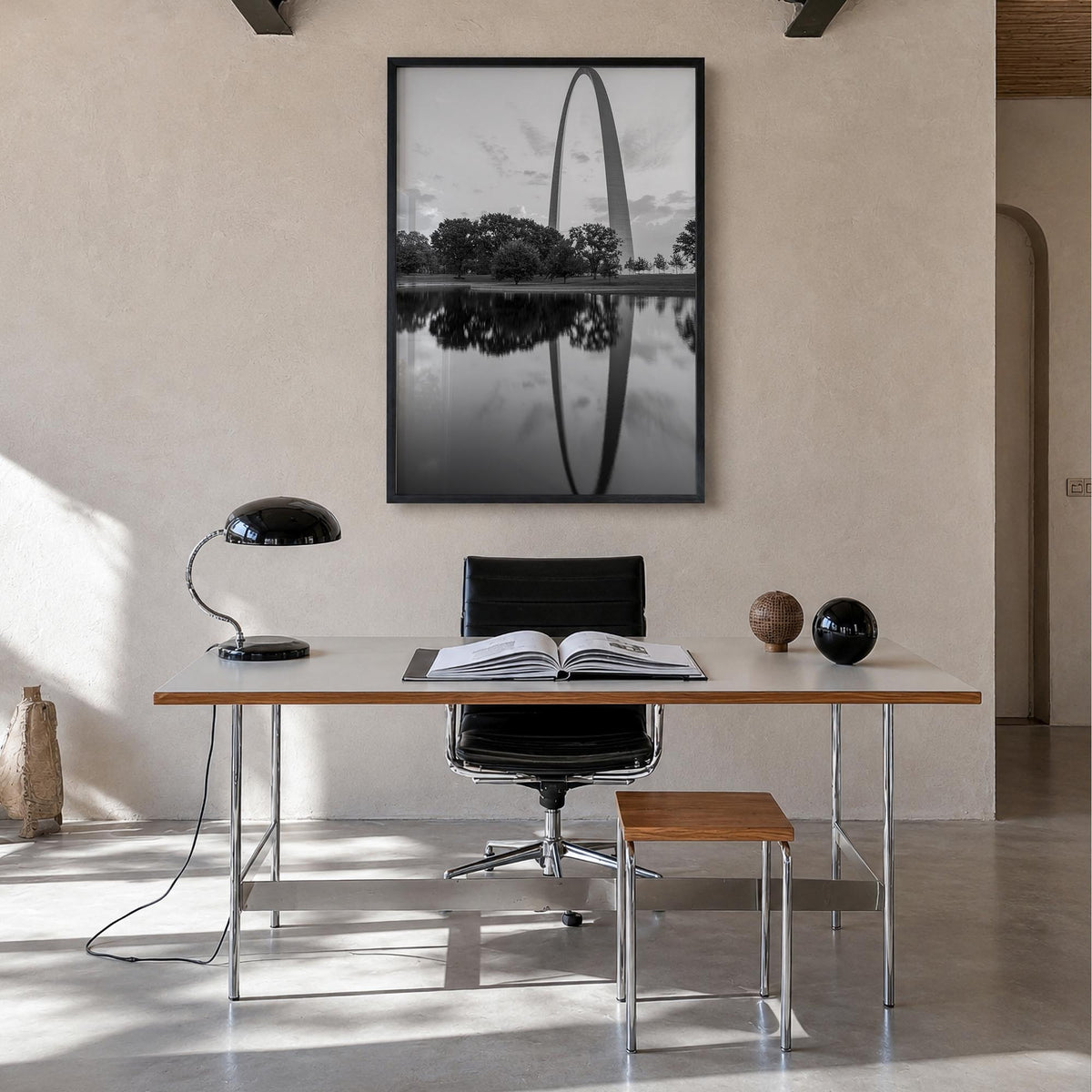 St. Louis no. 2 black & white photo poster of Missouri, USA – vertical wall art in black wood frame, hanging on wall