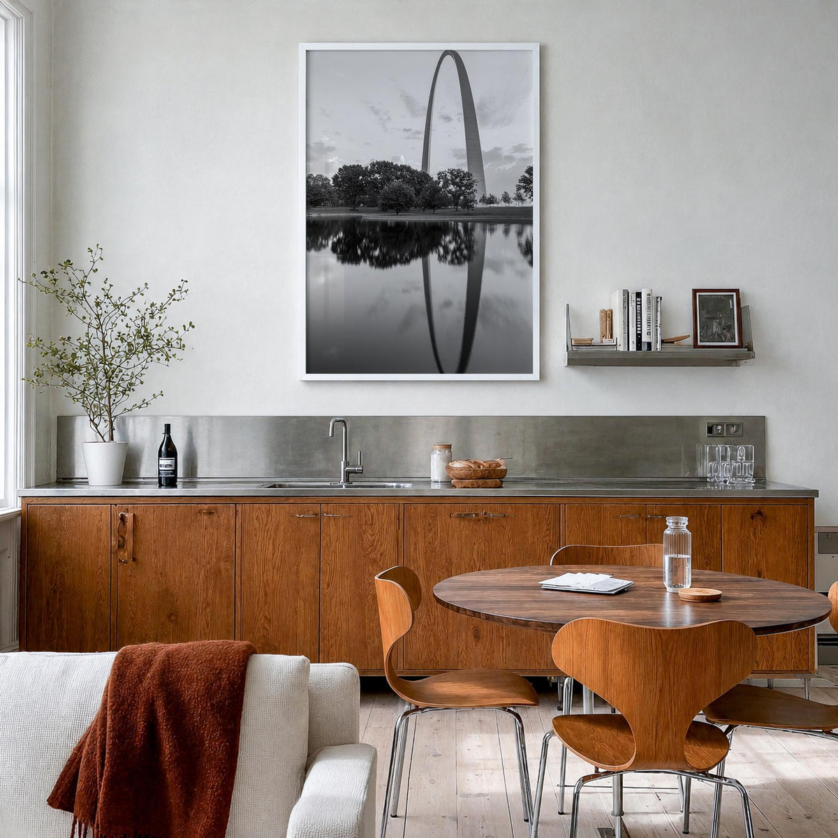 St. Louis no. 2 black & white photo poster of Missouri, USA – vertical wall art in white wood frame, hanging on wall
