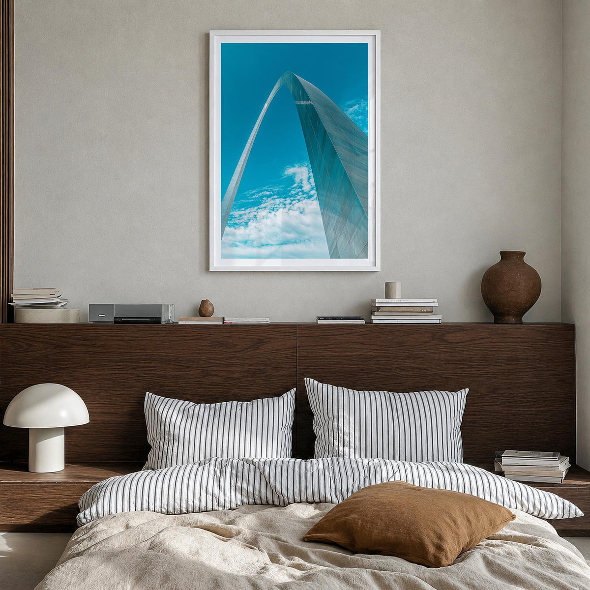 St. Louis no. 3 colorful photo poster of Missouri, USA – vertical wall art in white wood frame with white border, hanging on