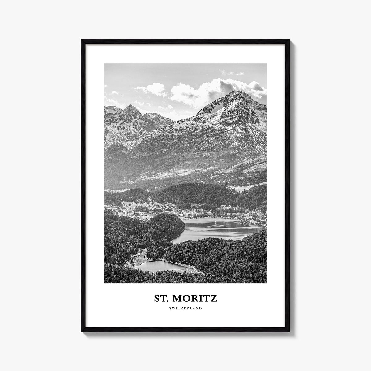 St. Moritz black & white classic poster of Switzerland – vertical wall art, unframed print shown in interior mockup