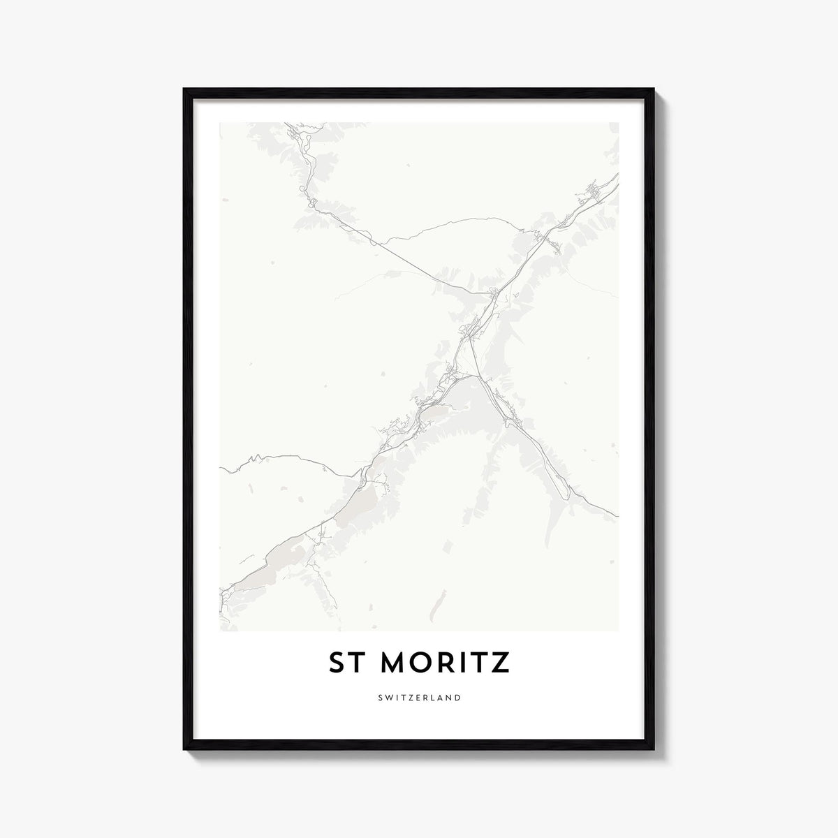 St. Moritz black & white map poster of Switzerland – vertical wall art, unframed print shown in interior mockup