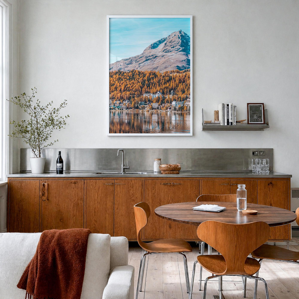 St. Moritz colorful photo poster of Switzerland – vertical wall art in white wood frame, hanging on wall