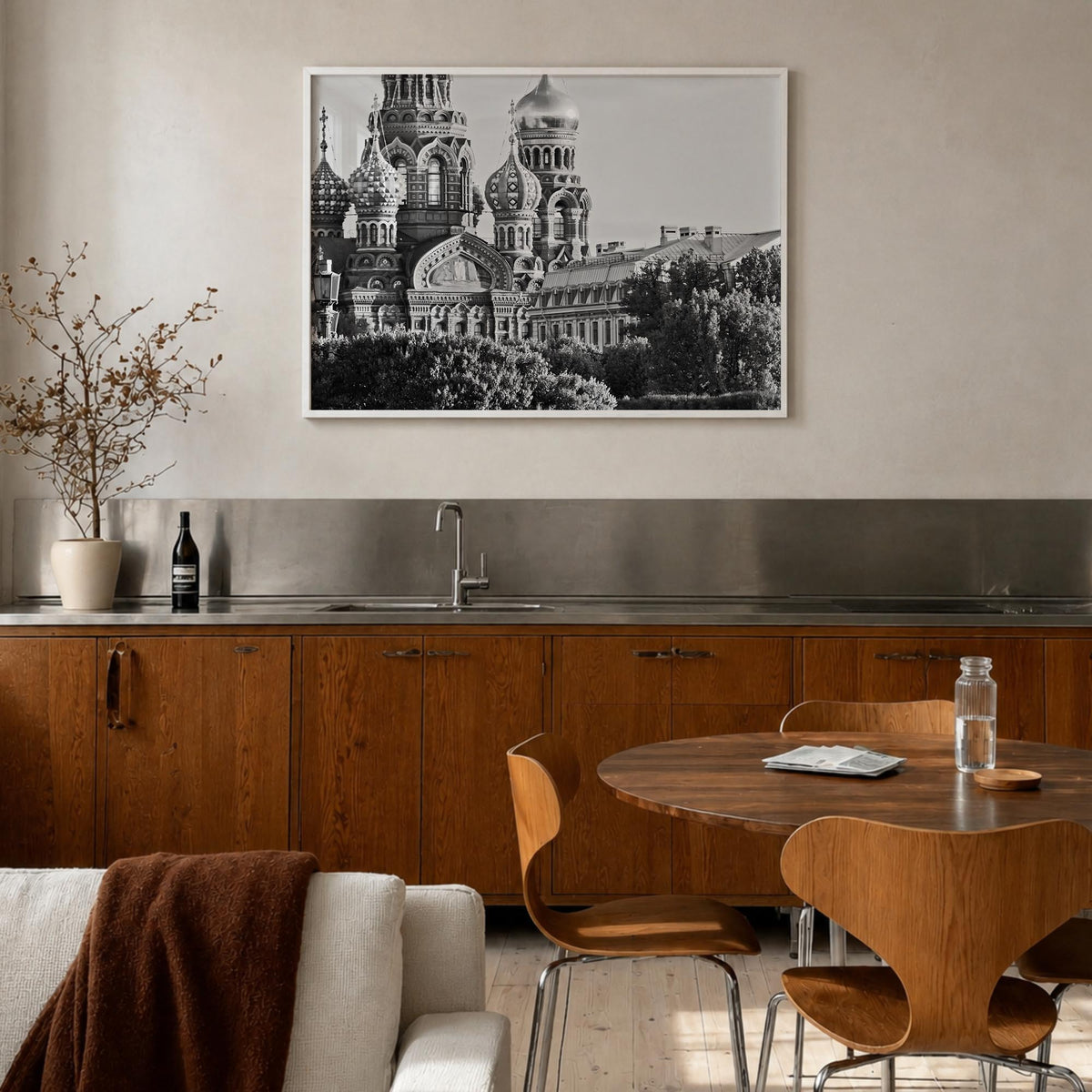 St. Petersburg, Russia black & white photo poster of Russia – horizontal wall art in white wood frame, hanging on wall