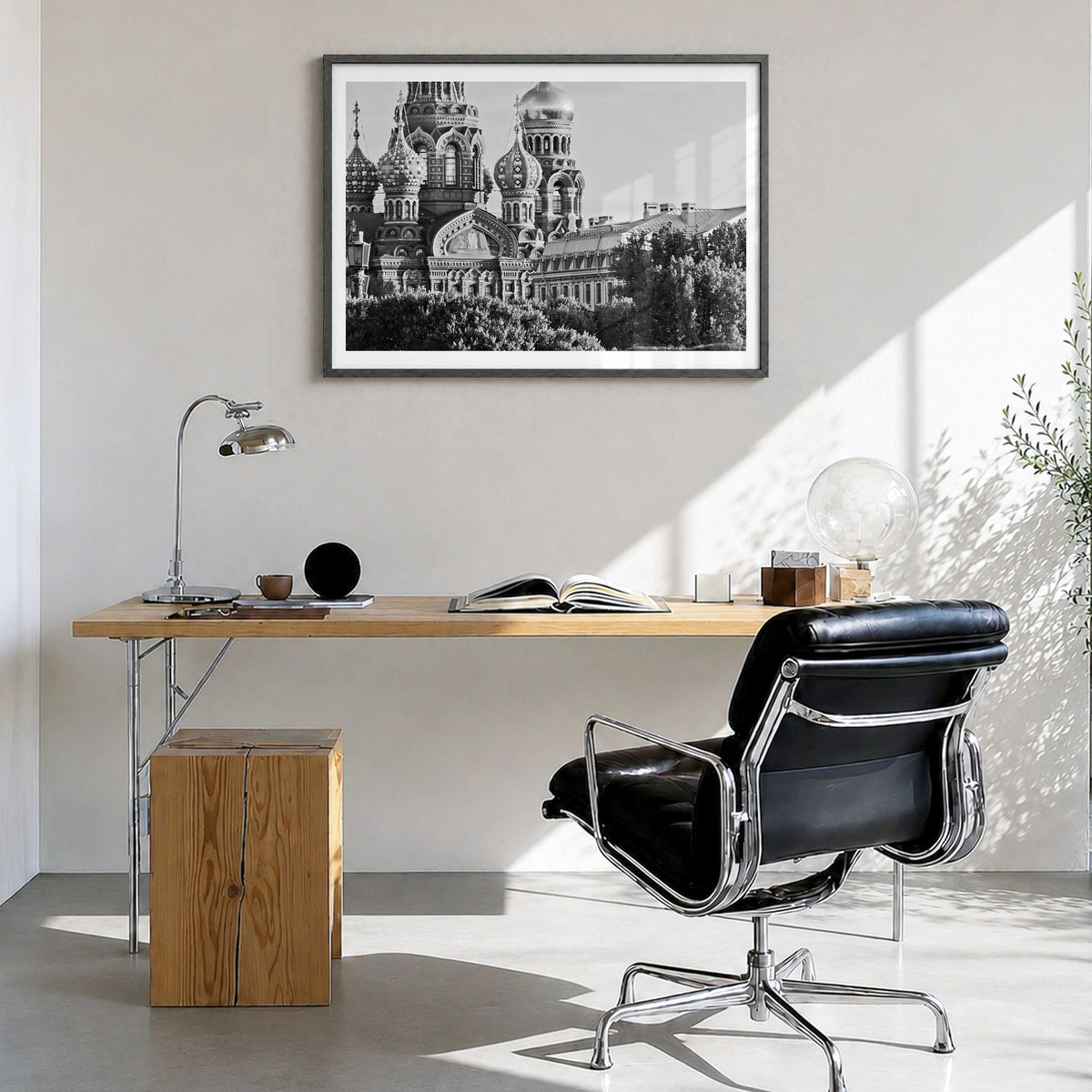 St. Petersburg, Russia Photo Poster in a black wood frame, hanging in a bright home office, white border
