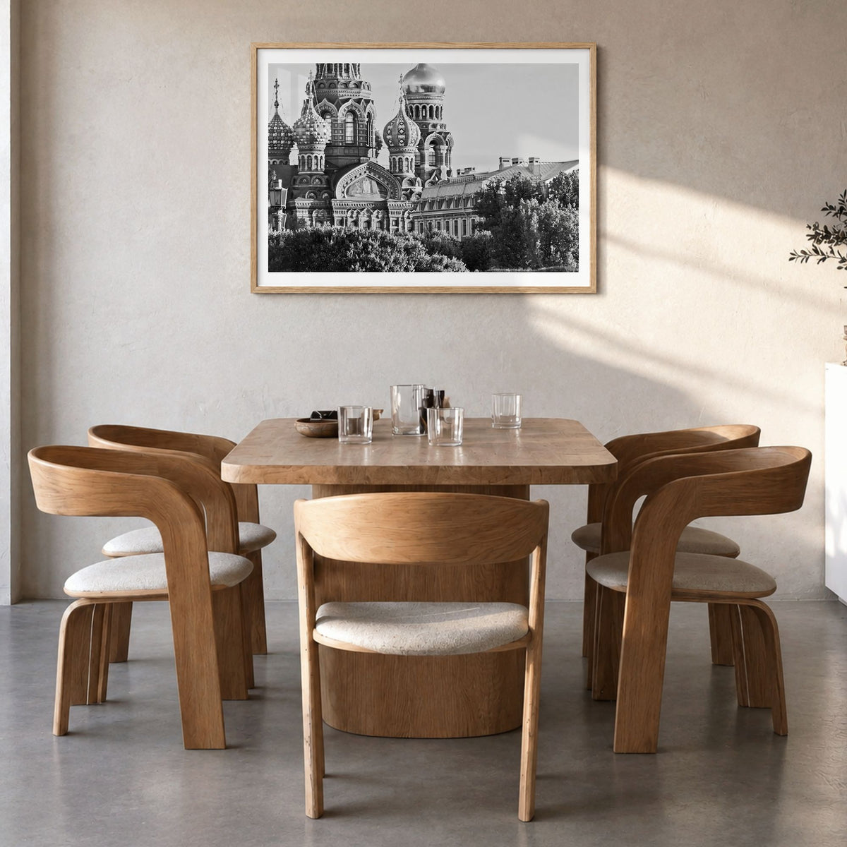 St. Petersburg, Russia Photo Poster in a natural wood frame, hanging in a dining room, white border