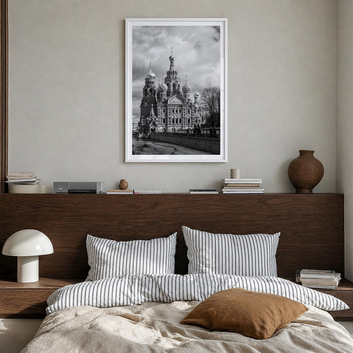 St. Petersburg, Russia no. 3 black & white photo poster of Russia – vertical wall art in white wood frame with white border,