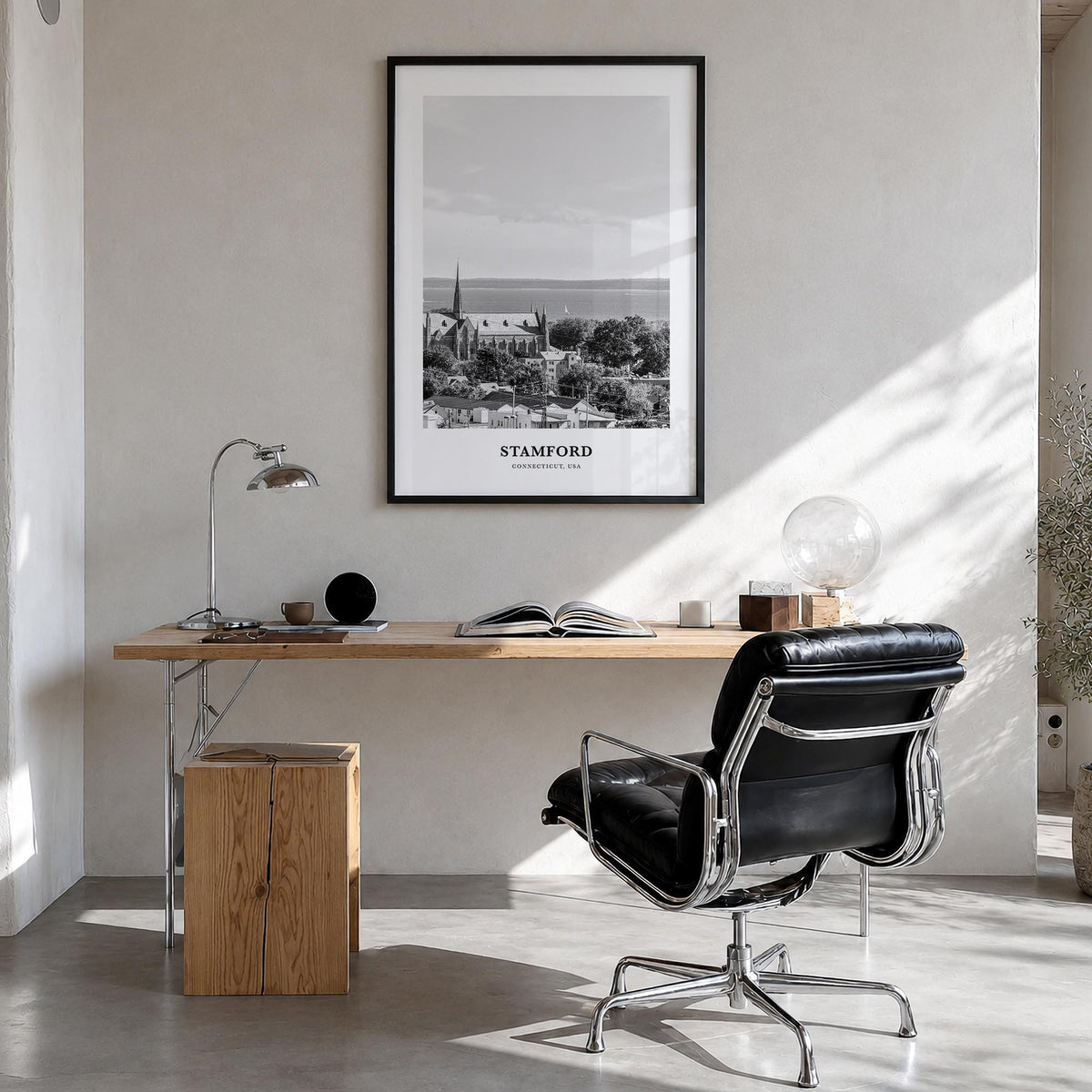 Stamford, Connecticut black & white classic poster of Connecticut, USA – vertical wall art in black wood frame, hanging on wa